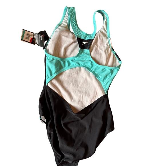 Speedo Youth Sea Level One-Piece Swimsuit Black Aqua White Size 16 NWT - Picture 5 of 5
